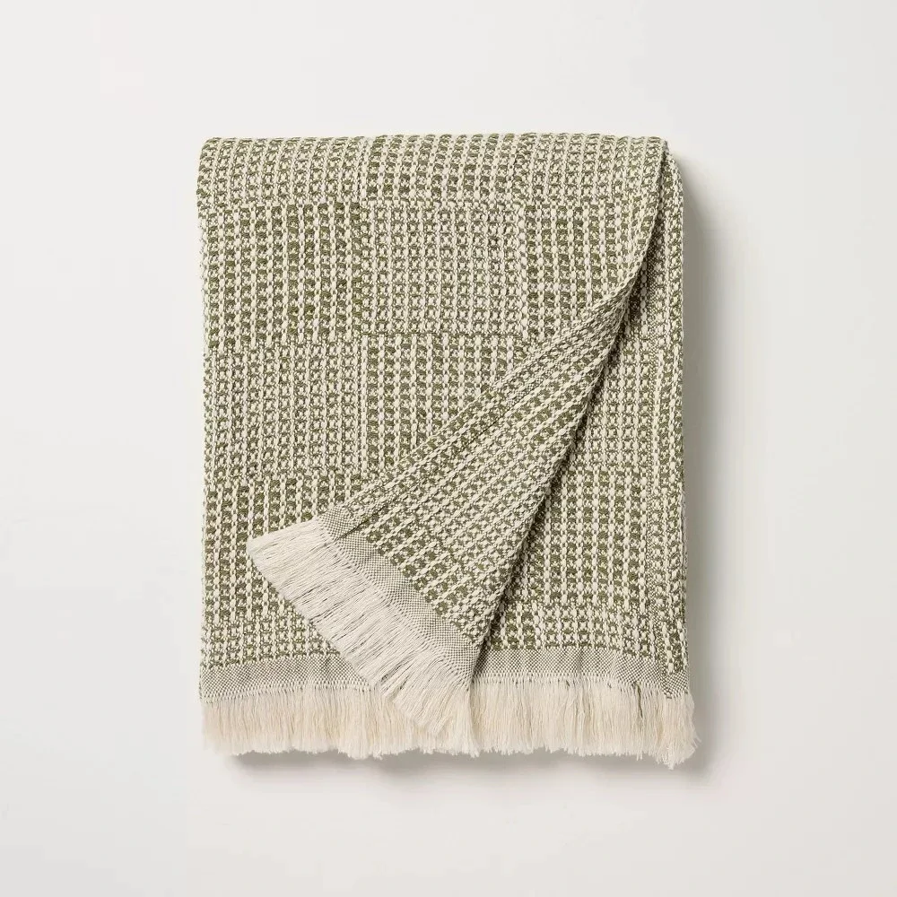 Hearth & Hand Magnolia Throw Blanket Checkered Knit Green Neutral Farmhouse‎